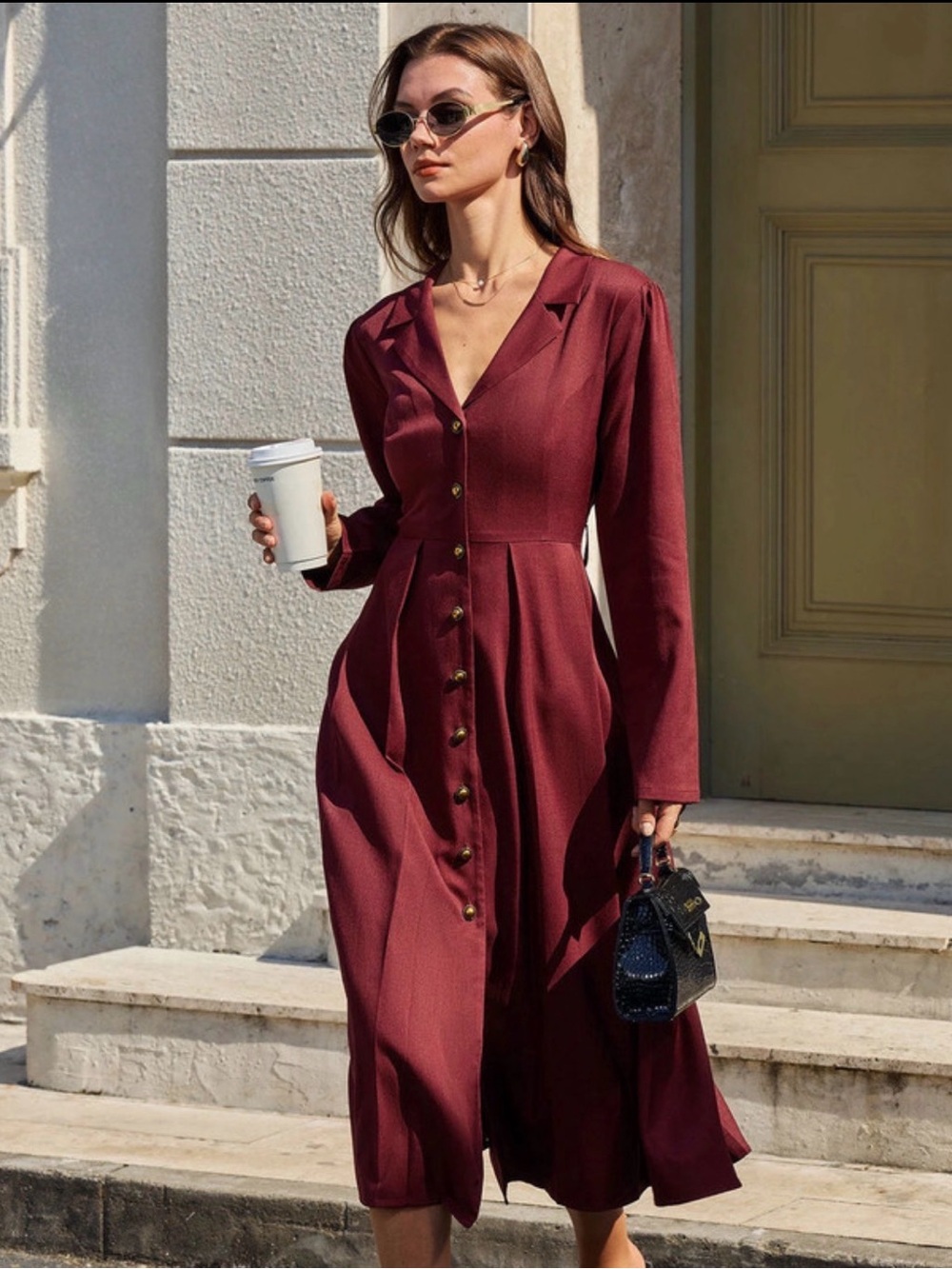 RIHOAS Burgundy Button-Front Long Sleeve Midi Dress